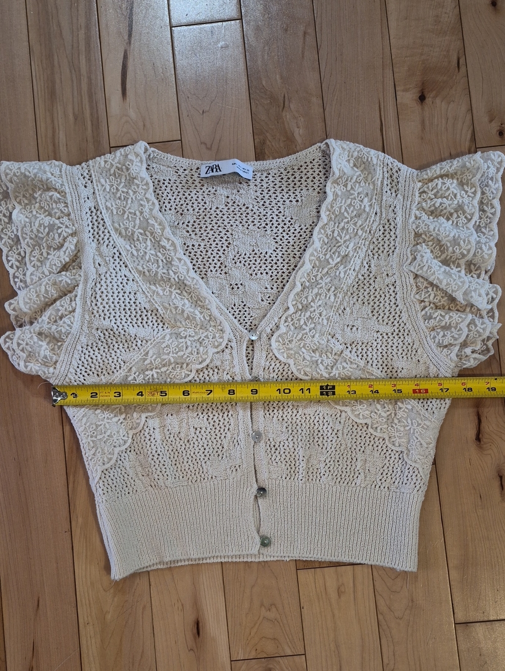 Zara Women's Size Large Lace-Trim Cream Crochet V-Neck Cardigan - Picture 4 of 5